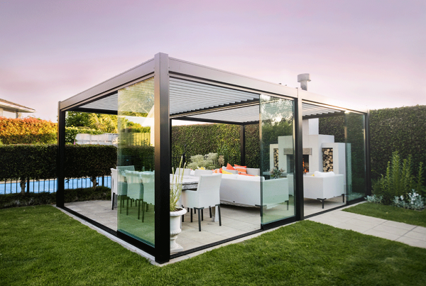 Glaslide glass sliding doors for an ideal outdoor room with Bask louvre roof