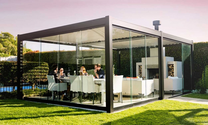 Glaslide frameless Glass sliding doors on 2 bay freestanding Bask Louvre Roof
